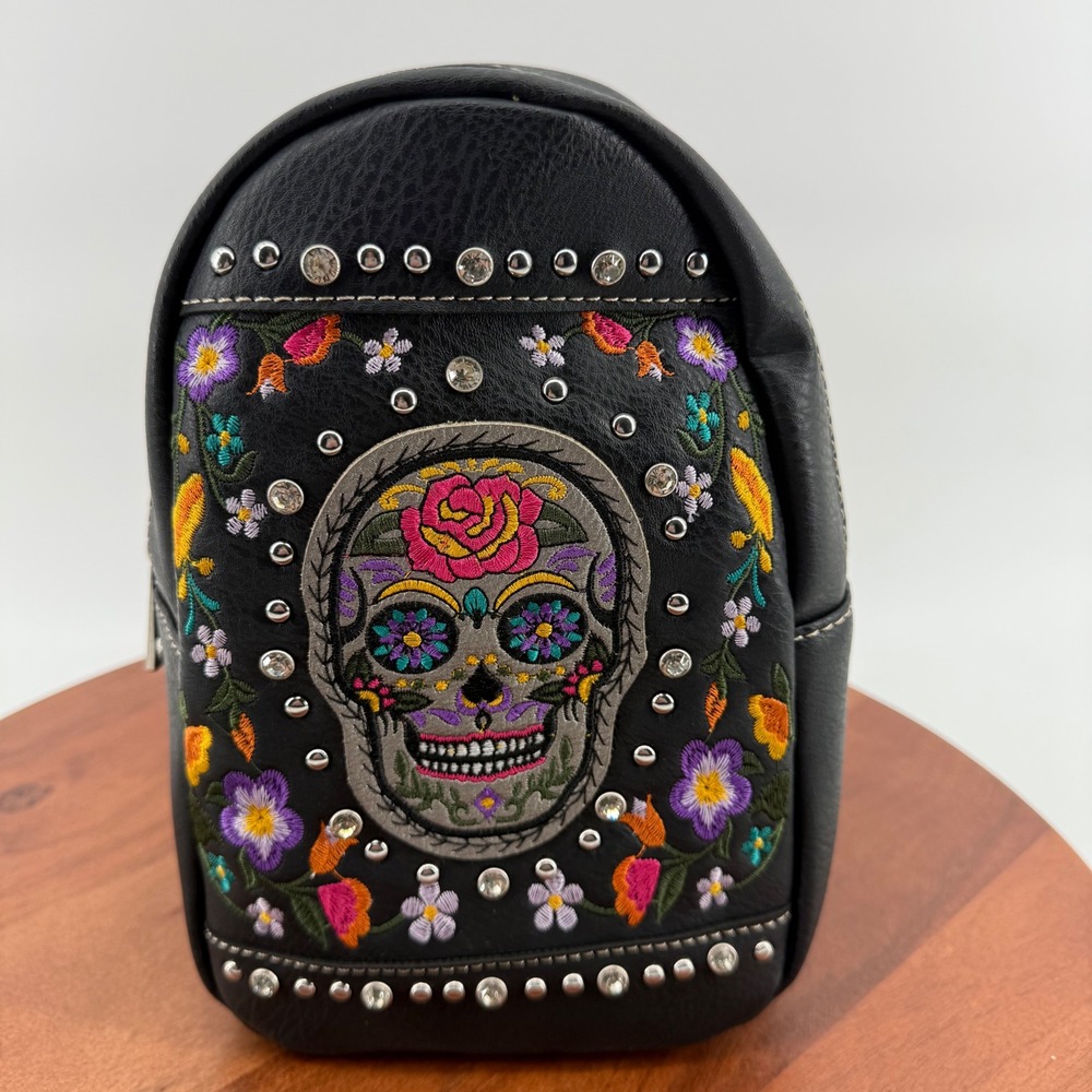 Black Faux Leather Sugar Skull Embroidered Studded Mini Backpack‎ Sling Bag NEW